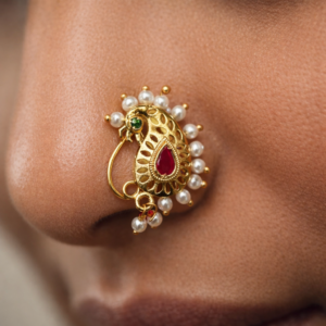 Traditional Maharashtrian Nath Nose Ring with Pearl Border & Red Stone | Gold Polish Bridal Nath for Women