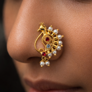 Peacock Design Maharashtrian Nath Nose Ring with Pearl Drops – Traditional Gold Polish Bridal Nath