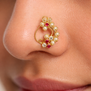 Traditional Maharashtrian Nath Nose Ring with Pearls & Red Stones – Gold Polish Bridal Nath | Wedding & Festive Wear Nose Pin for Women