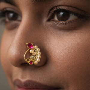Maharashtrian Ruby Stone Nath with Pearl Cluster – Traditional Gold Polish Nose Ring for Women | Bridal Marathi Nath Jewellery