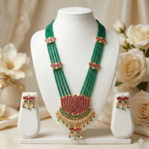 Exquisite Emerald Green Beaded Long Haram Set with Ruby-Pink Lotus Pendant and Matching Earrings