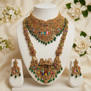 Exquisite Antique Gold Finish Temple Bridal Jewelry Set | Meenakari Divine Motif Haram, Choker & Earrings with Green Beads