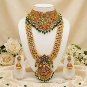 Srinivasa Kalyanam & Goddess Lakshmi Temple Jewelry Combo Set – Premium Matte Gold Finish Long Haram & Choker with Jhumkas