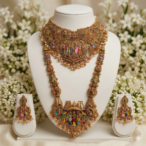 Srinivasa Kalyanam Premium Temple Jewelry Combo Set | Antique Gold-Finish Choker & Long Haram Necklace with Hand-Painted Divine Motifs
