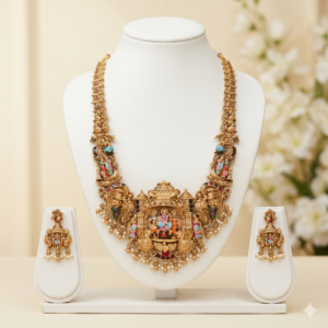Antique Gold-Plated Nakshi Temple Jewellery Set – Handcrafted Ram Parivar Pendant Necklace with Jhumka Earrings & Pearl Droplets