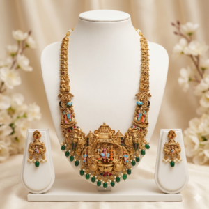 Divine Nakshi Rama Parivar Temple Haram Set – Antique Gold Finish with Emerald Beads & Hand-Painted Meenakari