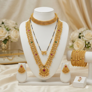 Traditional Maharashtrian Bridal Jewellery Set | Kolhapuri Saaj, Thushi, Mangalsutra, Bangles, Earrings & Nath Combo