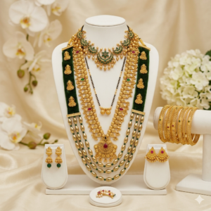 Exquisite Maharashtrian Bridal Combo – Traditional Gold-Tone Kolhapuri Saaj, Thushi, & Green Kemp Choker Jewellery Set (8-Piece)