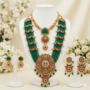 Exquisite Rajwadi Multi-Strand Emerald Green Bead Bridal Jewellery Set with Antique Gold Finish (Combo Set)