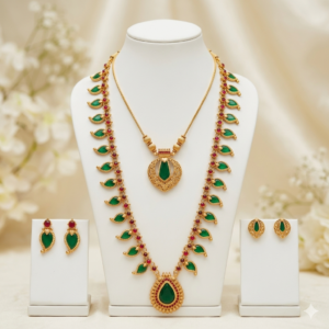 Traditional Temple Jewelry Set – Long Haram & Short Necklace with Matching Earrings (Emerald Green & Ruby Red Accents)