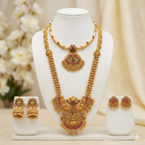 Exquisite Matte Gold Temple Jewelry Set – Traditional Long Haram & Choker Necklace with Matching Earrings (Combo Pack)