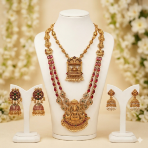 Antique Gold-Plated Temple Jewelry Set - Goddess Lakshmi Long Haram, Choker & Matching Jhumkas with Ruby-Red Accents