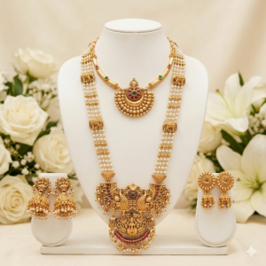 Exquisite Temple Jewelry Set: Handcrafted Gold-Plated Long Haram & Choker with Pearl Accents and Matching Jhumkas