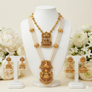 Exquisite Temple Jewelry Set – Gold-Plated Multi-Layer Pearl Haram with Goddess Lakshmi Pendants and Matching Jhumkas