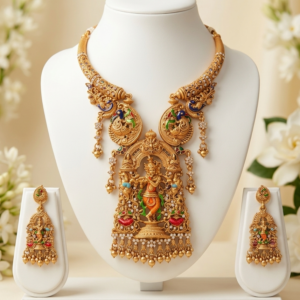 South Indian Temple Antique Finish Lord Krishna Pendant Necklace with Peacock Motifs & Matching Drop Earrings Set - Antique Gold Metallic Droplets