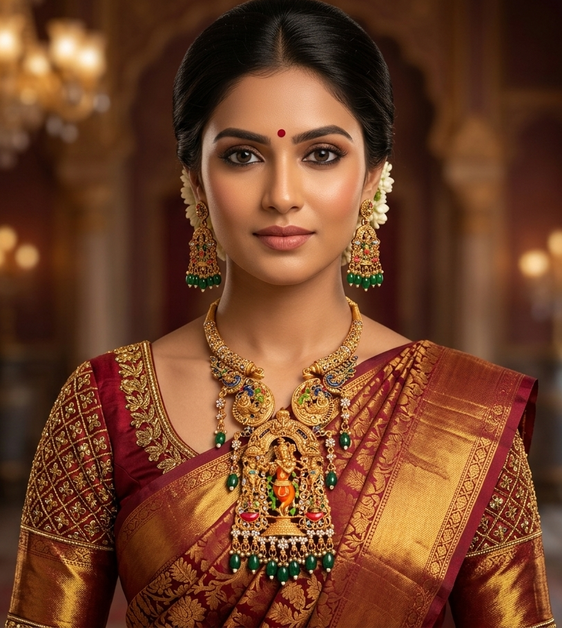 South Indian Temple Antique Finish Lord Krishna Pendant Necklace with Peacock Motifs & Matching Drop Earrings Set - Green - Image 2