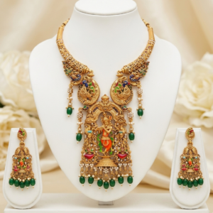 South Indian Temple Antique Finish Lord Krishna Pendant Necklace with Peacock Motifs & Matching Drop Earrings Set - Green