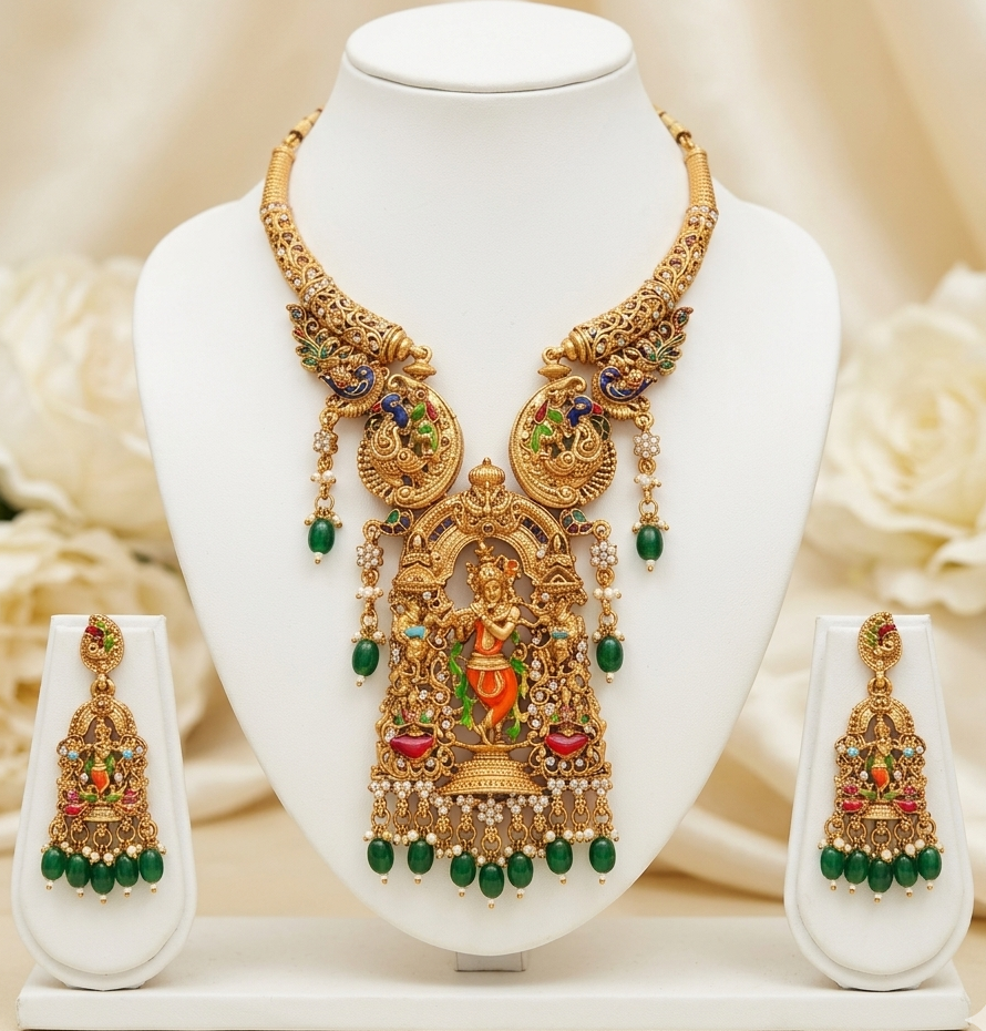 South Indian Temple Antique Finish Lord Krishna Pendant Necklace with Peacock Motifs & Matching Drop Earrings Set - Green