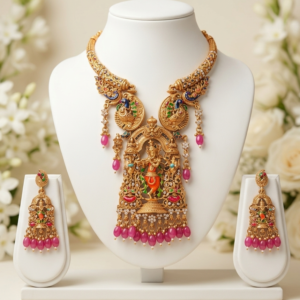 South Indian Temple Antique Gold Plated Lord Krishna Pendant Necklace with Peacock Motifs & Matching Drop Earrings Set - Pink