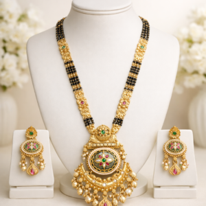 Traditional Gold Plated Black Beads Mangalsutra Set with Earrings 32 Inch
