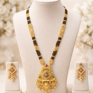 Traditional Gold Plated Black Beads Mangalsutra Set with Designer Pendant and Earrings 32 Inch