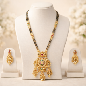 Traditional Gold Plated Black Beads Mangalsutra Set with Floral Pendant and Earrings 32 Inch