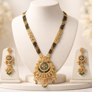 Antique Gold Finish Designer Mangalsutra Set for Women with Earrings 32"