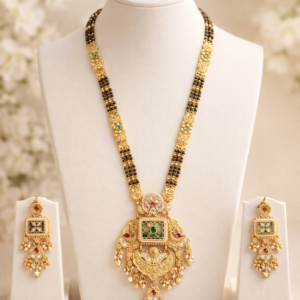 Antique Gold Plated Designer Mangalsutra Set with Square Pendant and Earrings for Women 32 Inch