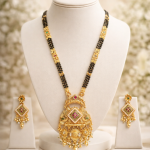 Gold Plated Long Mangalsutra Set with Royal Diamond Shape Pendant and Earrings 32 Inch