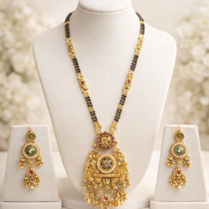 Traditional Gold Plated Black Beads Mangalsutra Set with Temple Style Pendant and Earrings 32 Inch
