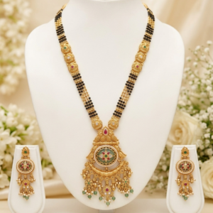 Classic Gold Plated Black Beads Mangalsutra Set with Round Heritage Pendant and Earrings 32 Inch