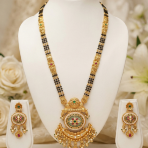 Gold Plated Traditional Black Beads Mangalsutra Set with Maharani Round Pendant and Earrings 32 Inch