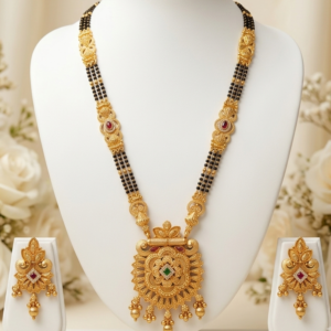 Matte Gold Plated Traditional Black Beads Mangalsutra Set with Maharani Pendant and Earrings 24 Inch