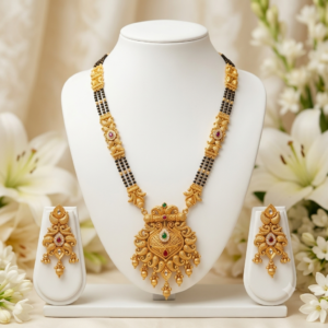 Matte Gold Plated Traditional Black Beads Mangalsutra Set with Designer Pendant and Earrings 24 Inch