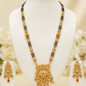 Matte Gold Plated Traditional Black Beads Mangalsutra Set with Round Pendant and Earrings 24 Inch