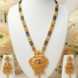 Matte Gold Plated Traditional Black Beads Mangalsutra Set with Oval Designer Pendant and Earrings 24 Inch