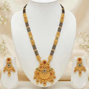 Matte Gold Plated Traditional Black Beads Mangalsutra Set with Floral Designer Pendant and Earrings 24 Inch