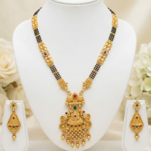 Matte Gold Plated Traditional Black Beads Mangalsutra Set with Antique Pendant and Earrings 24 Inch