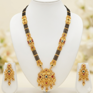 Matte Gold Plated Traditional Black Beads Mangalsutra Set with Designer Square Pendant and Earrings 24 Inch