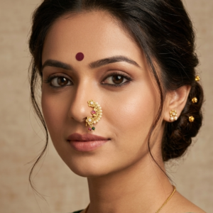 Gold Plated Maharashtrian Nath Nose Ring with Pearls and Red Stones