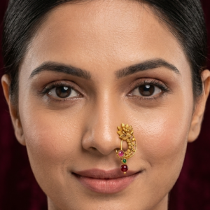 Gold Plated Maharashtrian Nath Nose Ring with Red Green Stones and Pearl Beads