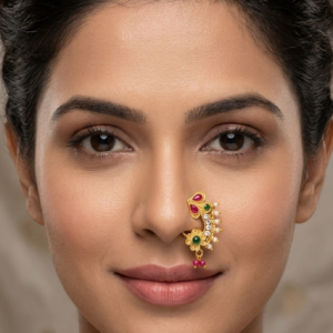 Gold Plated Maharashtrian Nath Nose Ring with Pink Green Stones and Pearl Beads