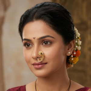 Gold Plated Maharashtrian Nath Nose Ring with Pearls and Red Green Stones