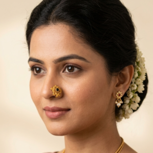 Gold Plated Maharashtrian Floral Nath Nose Pin with Green Stone
