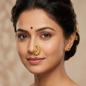 Gold Plated Maharashtrian Nath Nose Ring with Green and Pink Stones