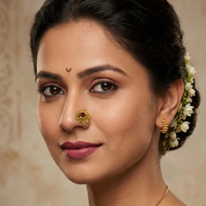Gold Plated Maharashtrian Floral Nath Nose Pin with Red Stone