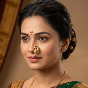 Gold Plated Maharashtrian Pearl Nath Nose Ring with Green Stone and Red Bead Drop