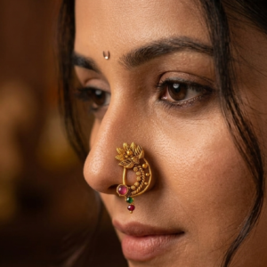 Gold Plated Maharashtrian Nath Nose Ring with Red Green Beads
