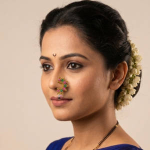 Gold Plated Maharashtrian Nath Nose Ring with Pink Green Stones and Pearl Beads