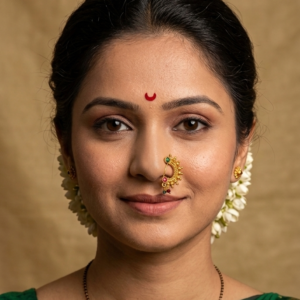 Gold Plated Maharashtrian Nath Nose Ring with Green Pink Stones and Pearl Beads